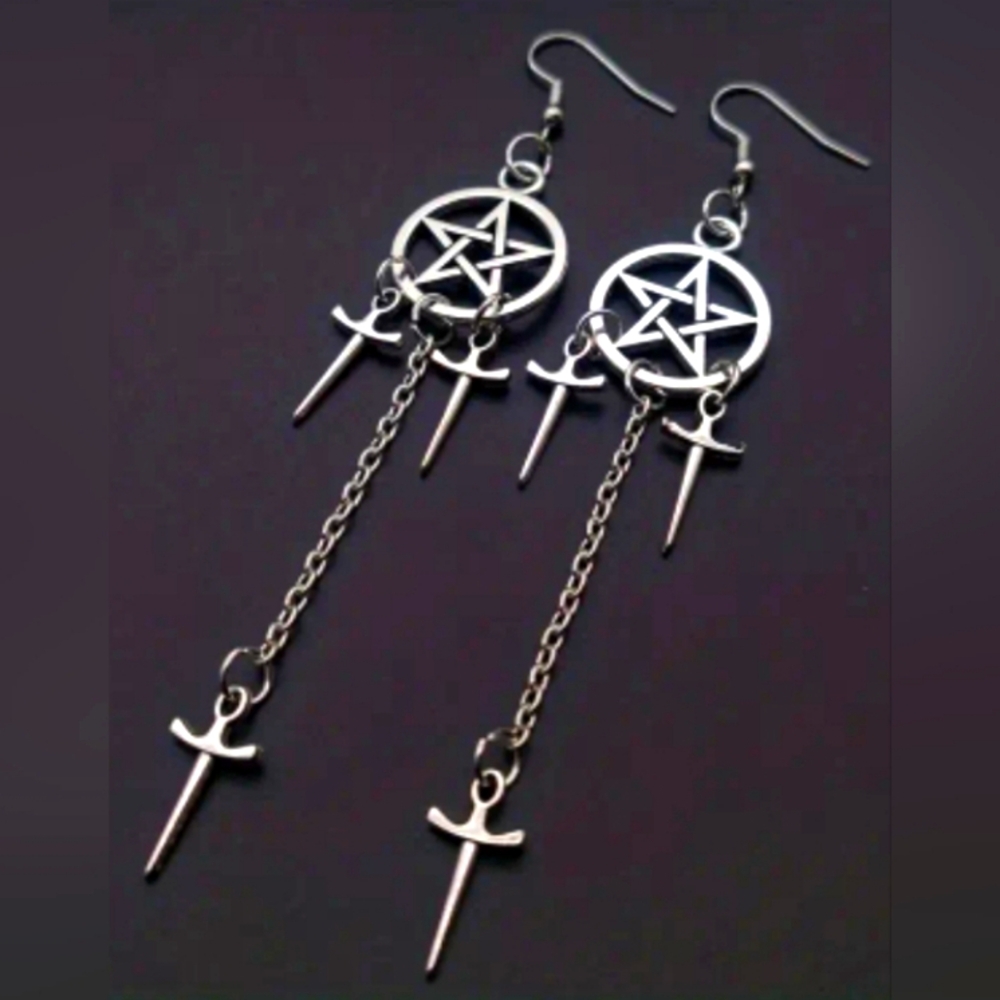 1pair Vintage Gothic Star Sword Dagger Drop Earrings